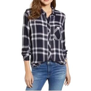 Rails Long Sleeve Rayon Button-up Shirt Navy & White Plaid Size Large